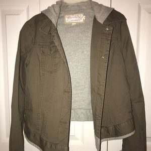 army green light denim jacket and built in hoodie